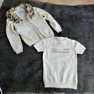 MISS BLUMARINE girls 2 piece SWEATER SET Leopard faux fur COLLAR CRYSTALS LOGO 4